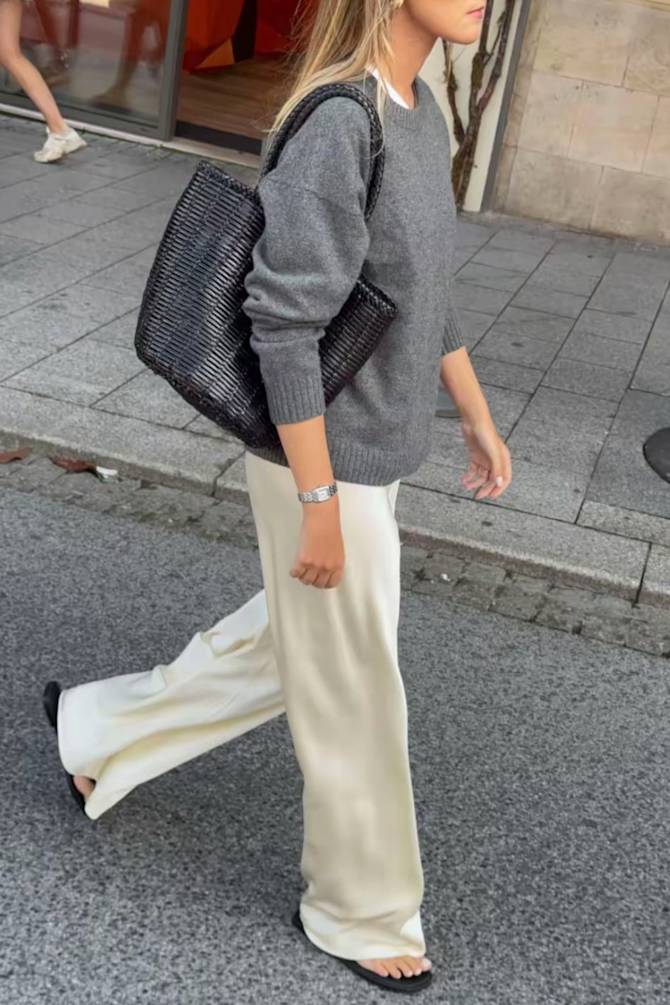 Cream Silk Wide-Leg Trousers with Grey Sweater for Chic Casual Cream Silk Wide-Leg Trousers with Grey Sweater for Chic Casual — Classy Trouser Outfits