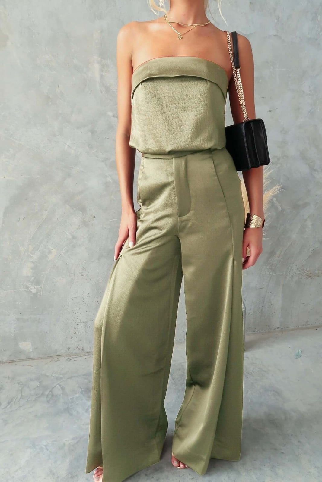 Olive Green Satin Wide-Leg Trousers with Strapless Top Olive Green Satin Wide-Leg Trousers with Strapless Top — Classy Trouser Outfits