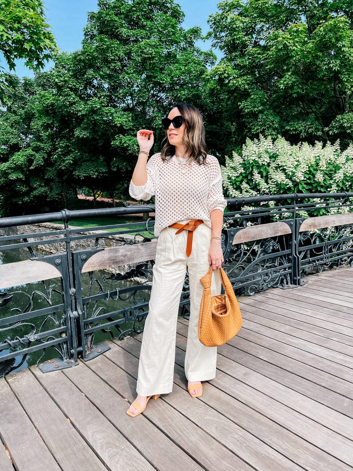 Beige Linen Wide-Leg Trousers with Crochet Knit Sweater and Woven Tote Beige Linen Wide-Leg Trousers with Crochet Knit Sweater and Woven Tote — Classy Trouser Outfits