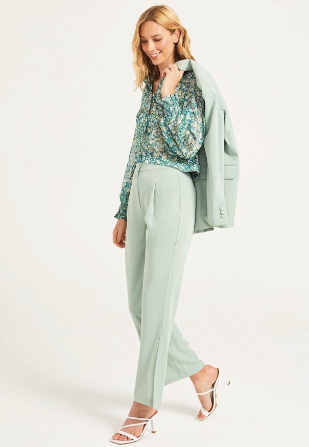 Mint Green Straight-Leg Trousers with Floral Blouse and Blazer Mint Green Straight-Leg Trousers with Floral Blouse and Blazer — Classy Trouser Outfits