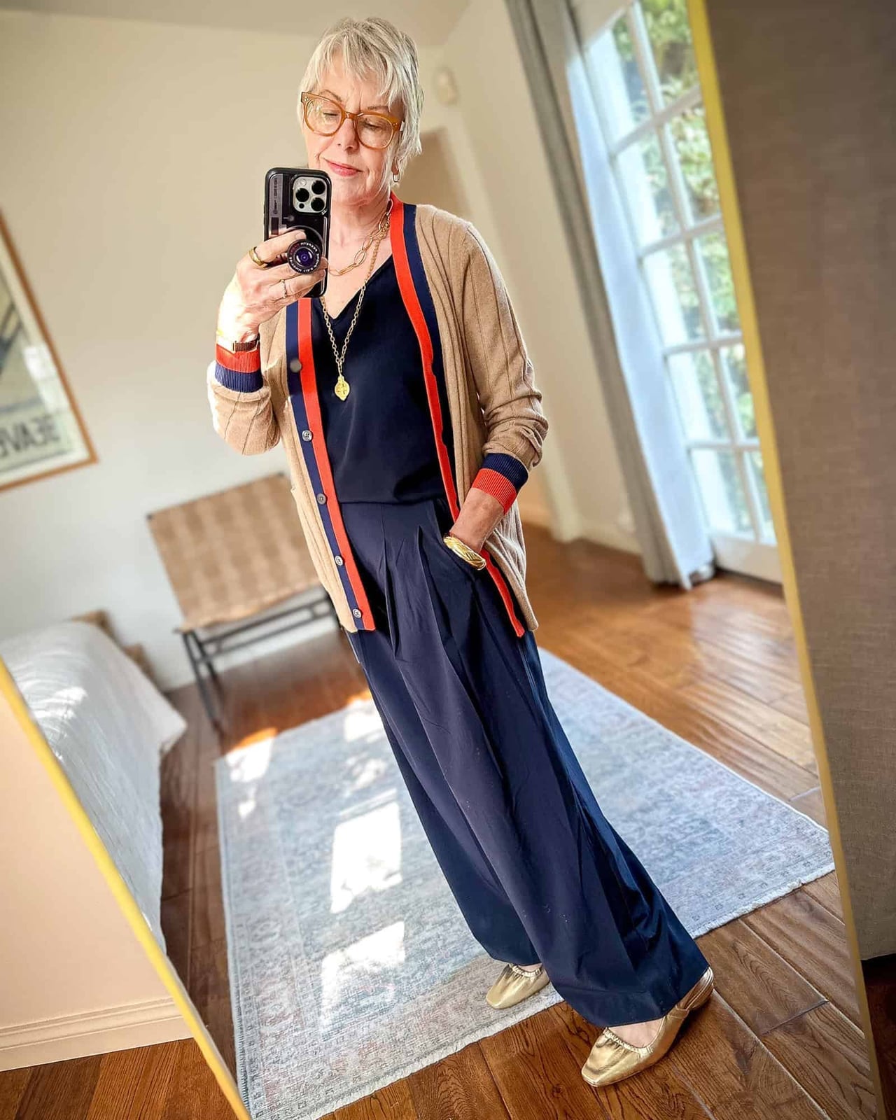 Navy Wide-Leg Trousers with Beige Cardigan and Gold Flats Navy Wide-Leg Trousers with Beige Cardigan and Gold Flats — Classy Trouser Outfits