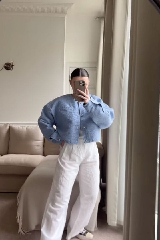 White Wide-Leg Linen Trousers with Light Blue Cropped Jacket White Wide-Leg Linen Trousers with Light Blue Cropped Jacket — Classy Trouser Outfits