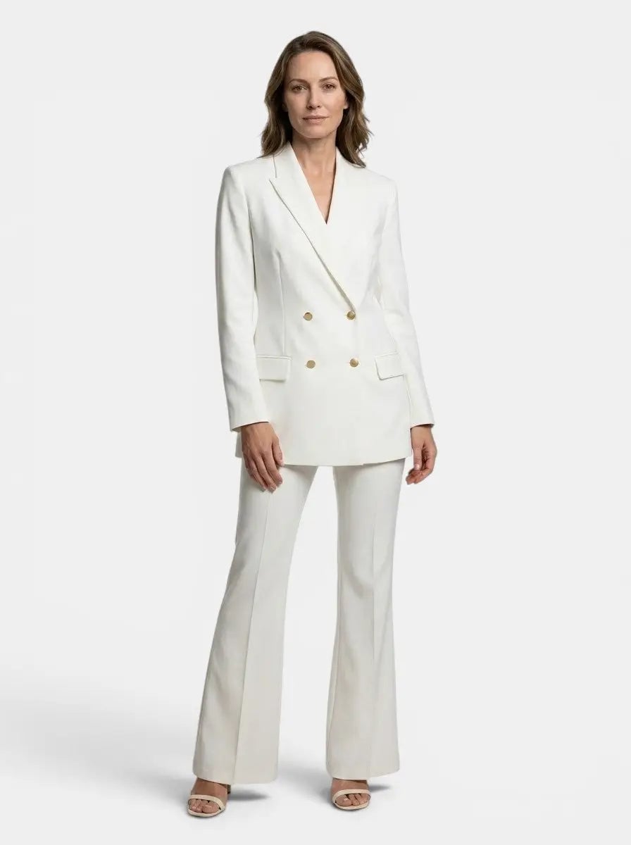 White Double-Breasted Suit with Flared Trousers for Business Formal White Double-Breasted Suit with Flared Trousers for Business Formal — Classy Trouser Outfits