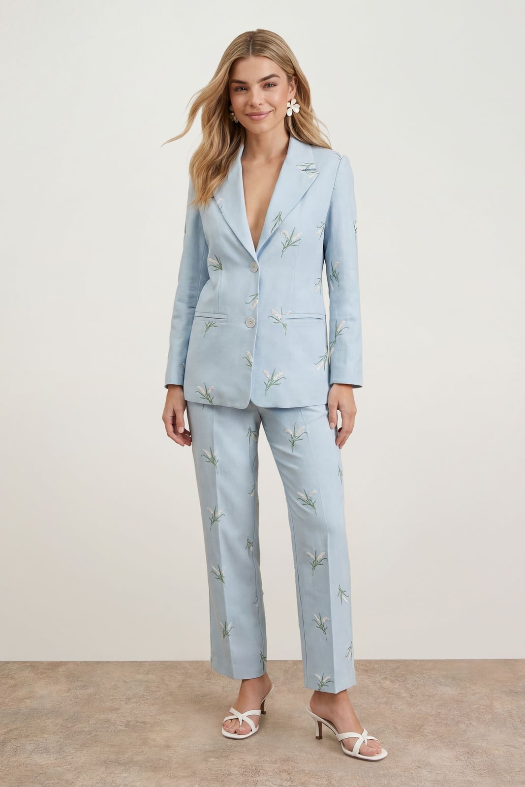 Light Blue Embroidered Suit with White Sandals for Smart Casual Light Blue Embroidered Suit with White Sandals for Smart Casual — Classy Trouser Outfits