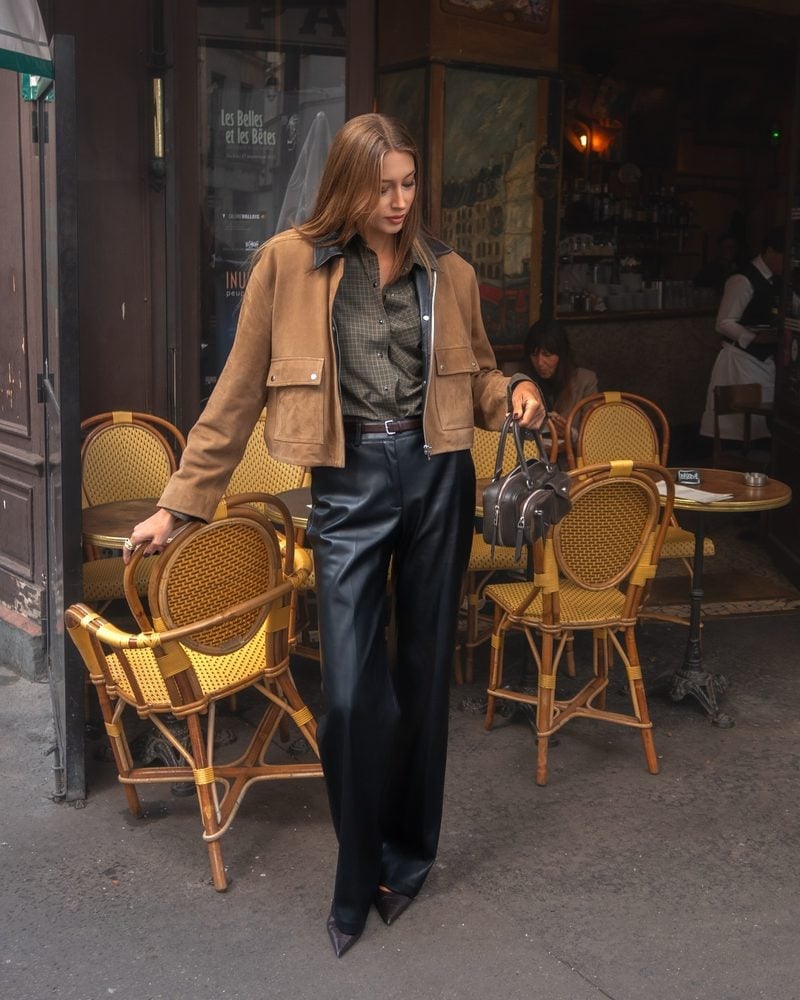 Black Leather Wide-Leg Trousers with Suede Jacket and Checked Shirt Black Leather Wide-Leg Trousers with Suede Jacket and Checked Shirt — Classy Trouser Outfits