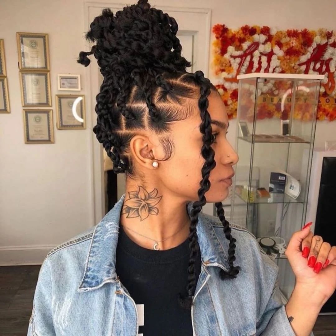 Black Twist Braids High Top Knot With Face-Framing Pieces — Classy Twist Hairstyles