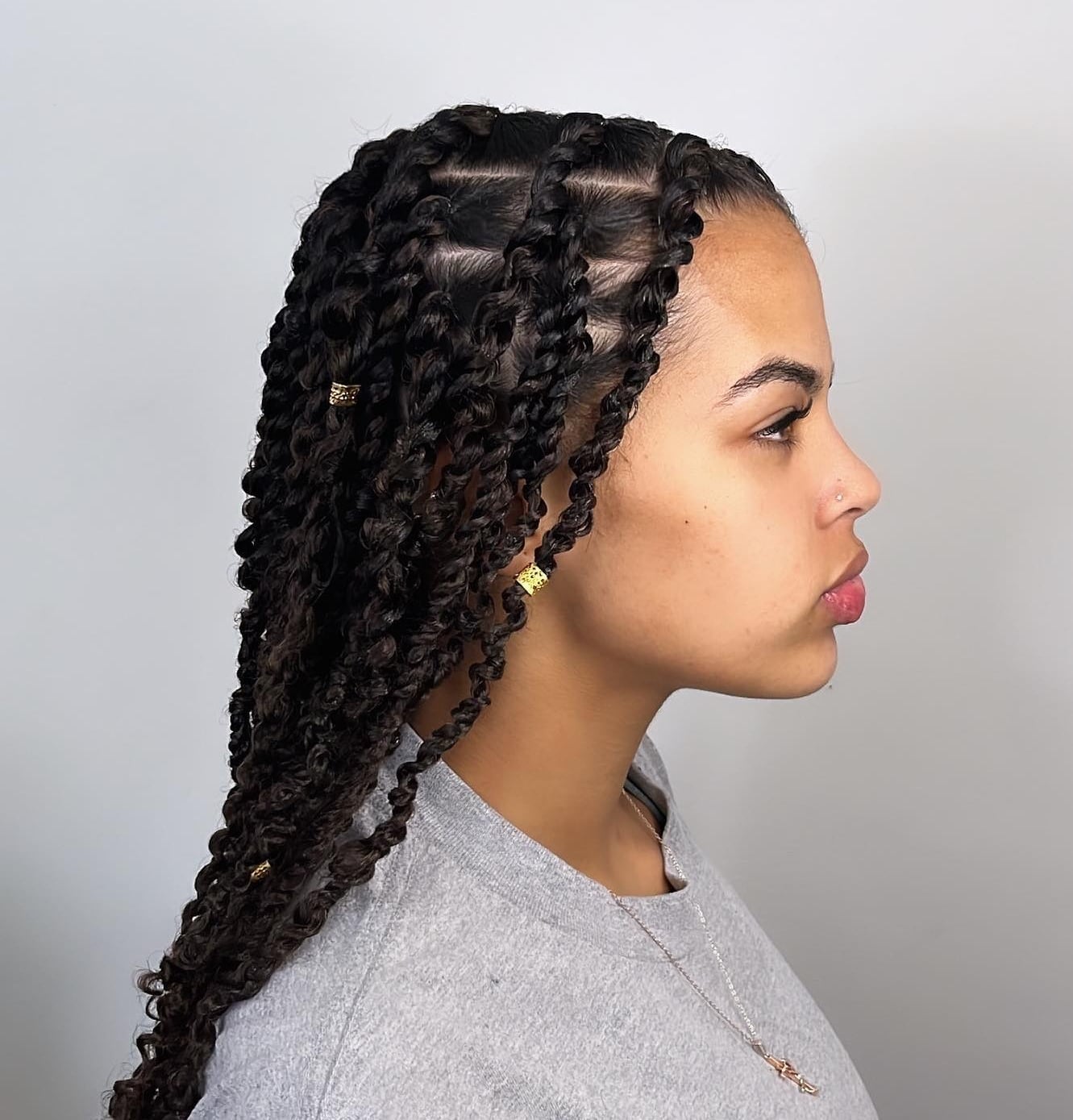 Thick Black Twist Braids With Gold Accessories — Classy Twist Hairstyles