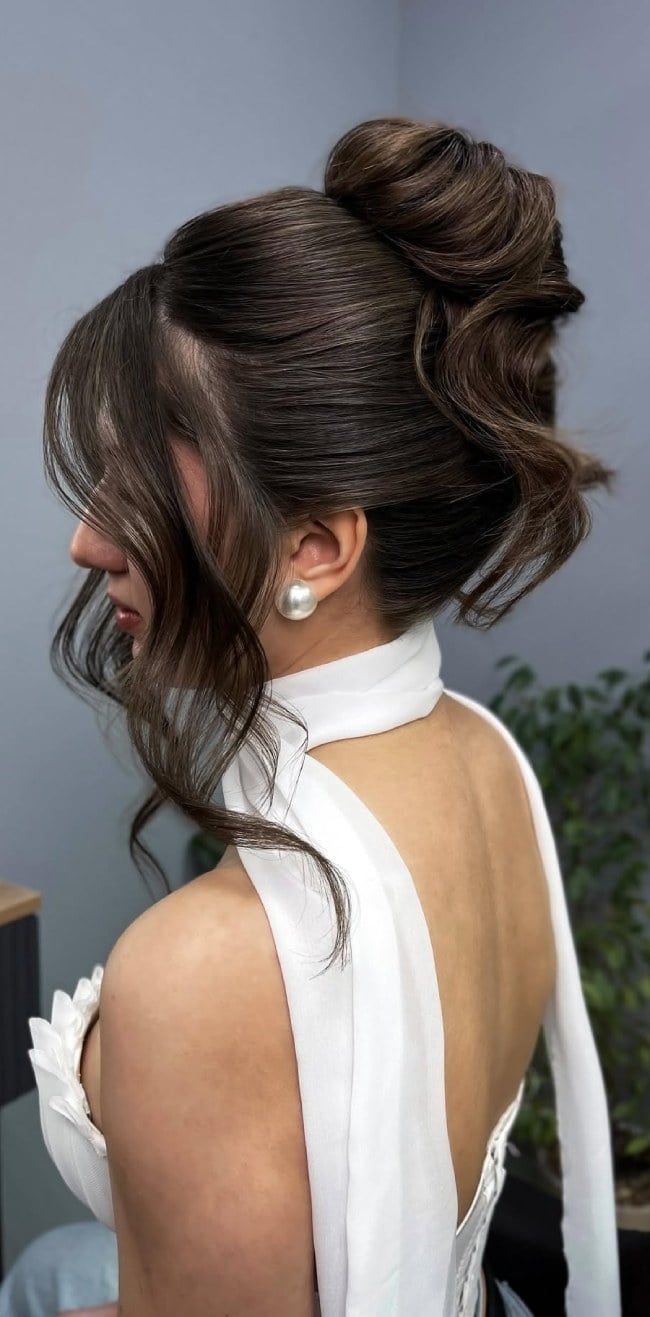 Dark Brown Voluminous Updo With Curtain Bangs — Classy Twisted Styles