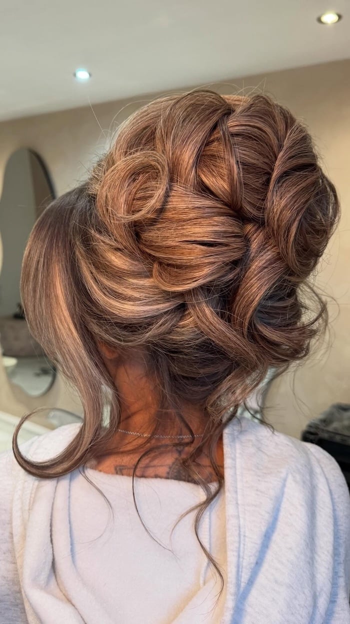 Voluminous Brown and Blonde Updo, Wavy — Classy Twisted Styles