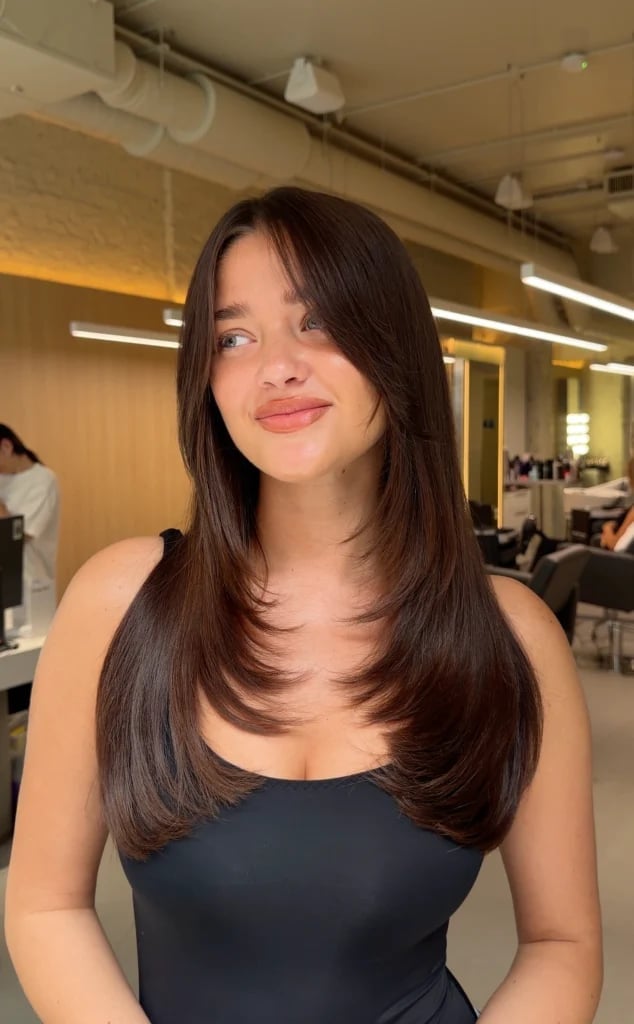 Collarbone Dark Brown With Curtain Bangs Collarbone Dark Brown With Curtain Bangs — Classy U Shape Haircuts