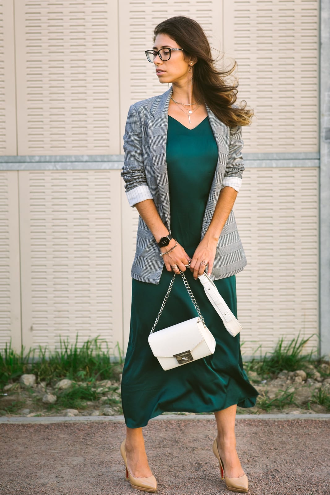 Emerald Slip Dress Under Plaid Blazer for Work or Evening Emerald Slip Dress Under Plaid Blazer for Work or Evening — Classy Under Outfits