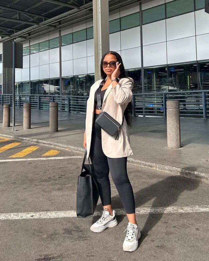 Beige Blazer Over Leggings for Travel Style Beige Blazer Over Leggings for Travel Style — Classy Under Outfits