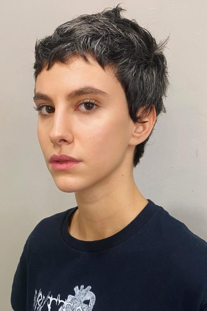 Textured Messy Grey Pixie With Short Fringe Textured Messy Grey Pixie With Short Fringe — Classy Undercut Pixie