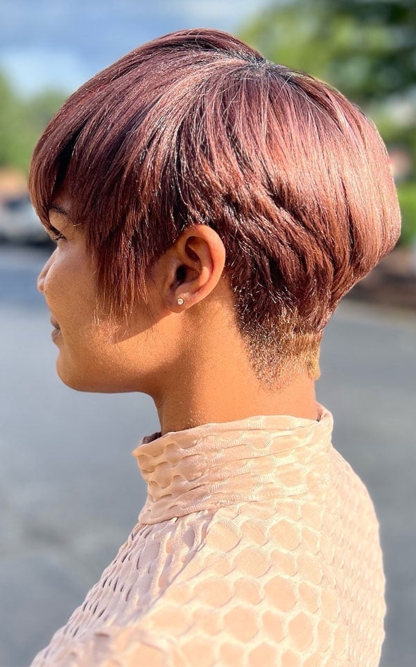 Burgundy Pixie With Textured Side Sweep And Undercut Burgundy Pixie With Textured Side Sweep And Undercut — Classy Undercut Pixie