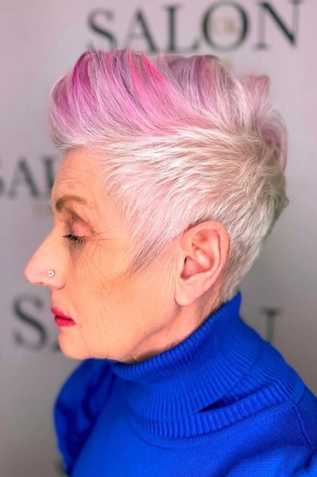 Silver Pixie With Pink Streaks And Spiky Texture Silver Pixie With Pink Streaks And Spiky Texture — Classy Undercut Pixie