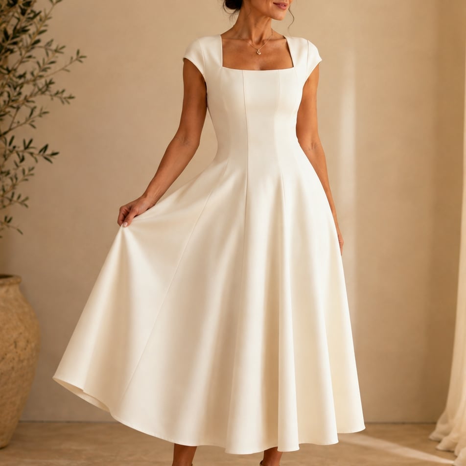 Elegant Satin Midi Dress for Women with Square Neck Cap Sleeve Fit and – The Harrington Sisters