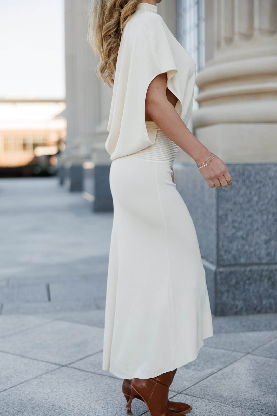 Cream Crepe Flowy Maxi Dress with Draped Neckline, Office-Safe Version — Classy Up Dress