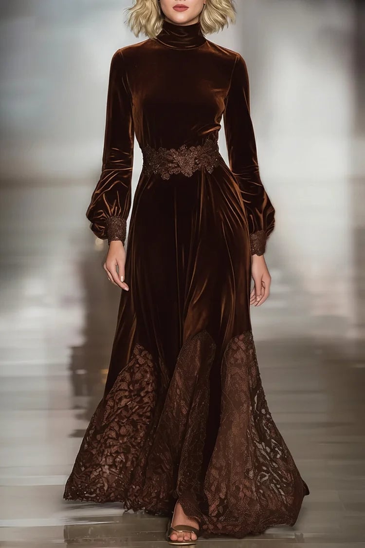Deep Brown Velvet Dress with Lace Trim, Office-Safe Version — Classy Up Dress