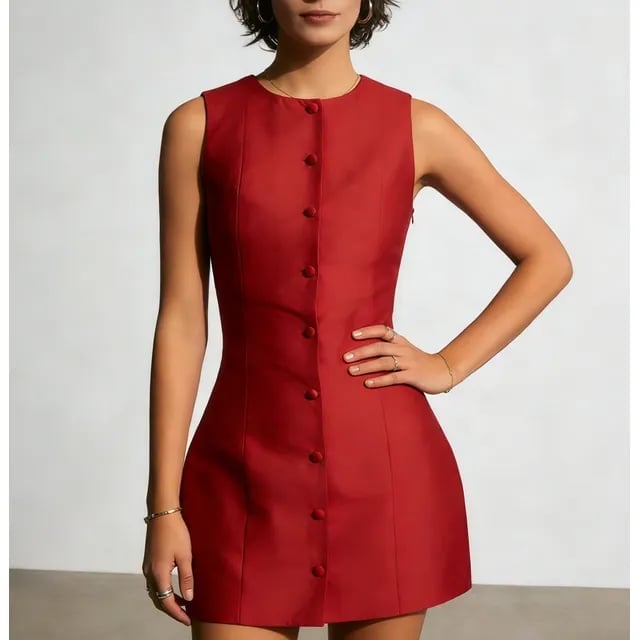 Red Satin-Like Mini Dress with Button-Up Front, Office-Safe Version — Classy Up Dress