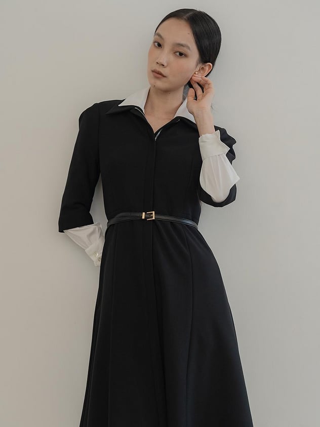 Black Fit and Flare Midi Dress with Contrast, Office-Safe Version — Classy Up Dress