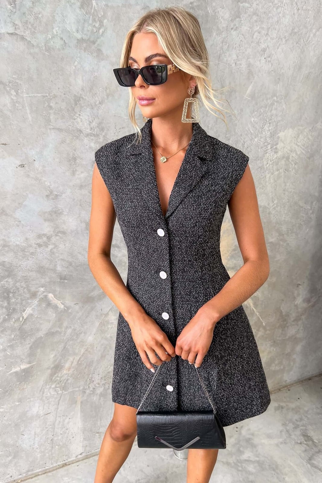 Charcoal and White Tweed Sleeveless Dress With Black Handbag — Classy Up Dress