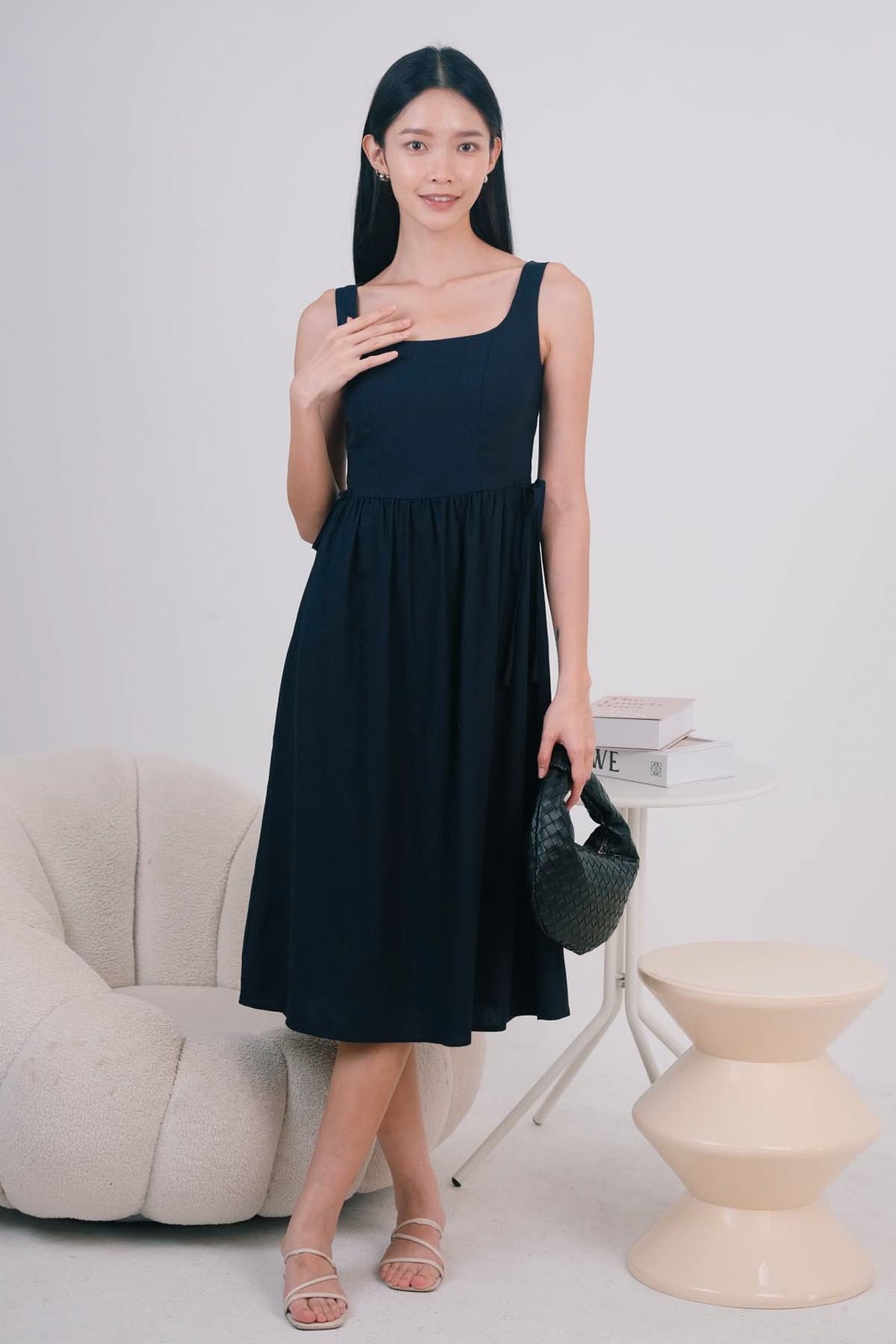 Navy Cotton A-Line Midi Dress with Square, Office-Safe Version — Classy Up Dress