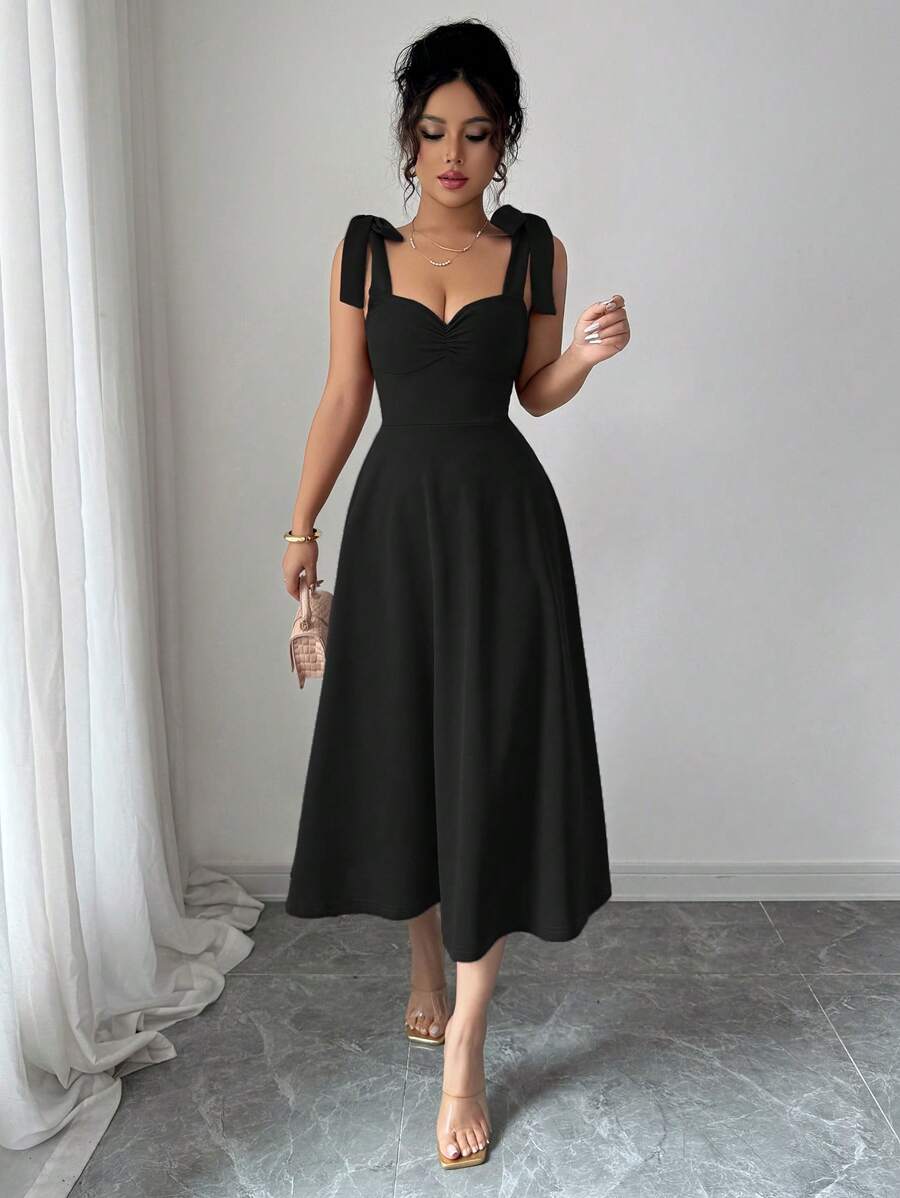 Black A-Line Midi Dress with Bow Shoulder Details, Office-Safe Version — Classy Up Dress