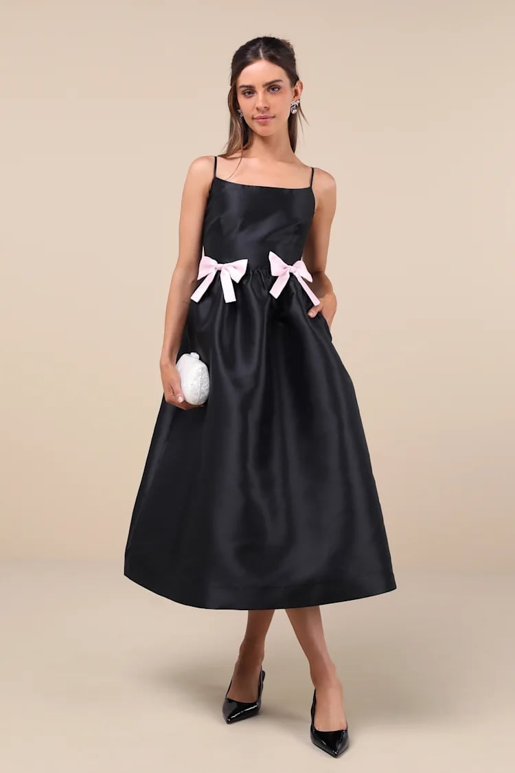 Black Taffeta Midi Dress with Pink Bows — Classy Up Dress