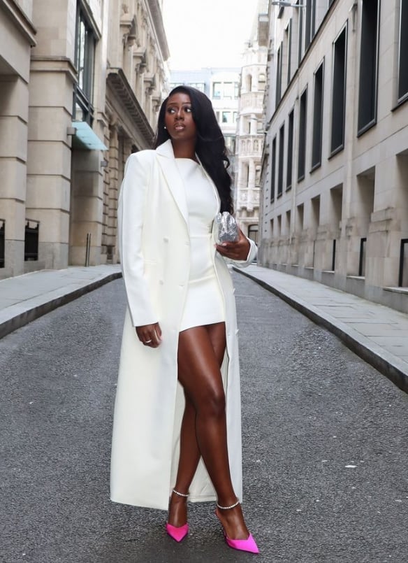 White Fitted Mini Dress Under Longline Coat — Classy Up Dress