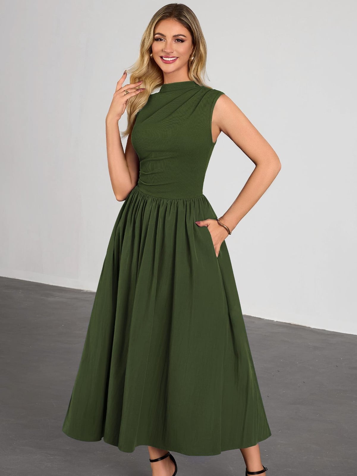 Olive Green Sleeveless Midi Dress with Gathered, Office-Safe Version — Classy Up Dress