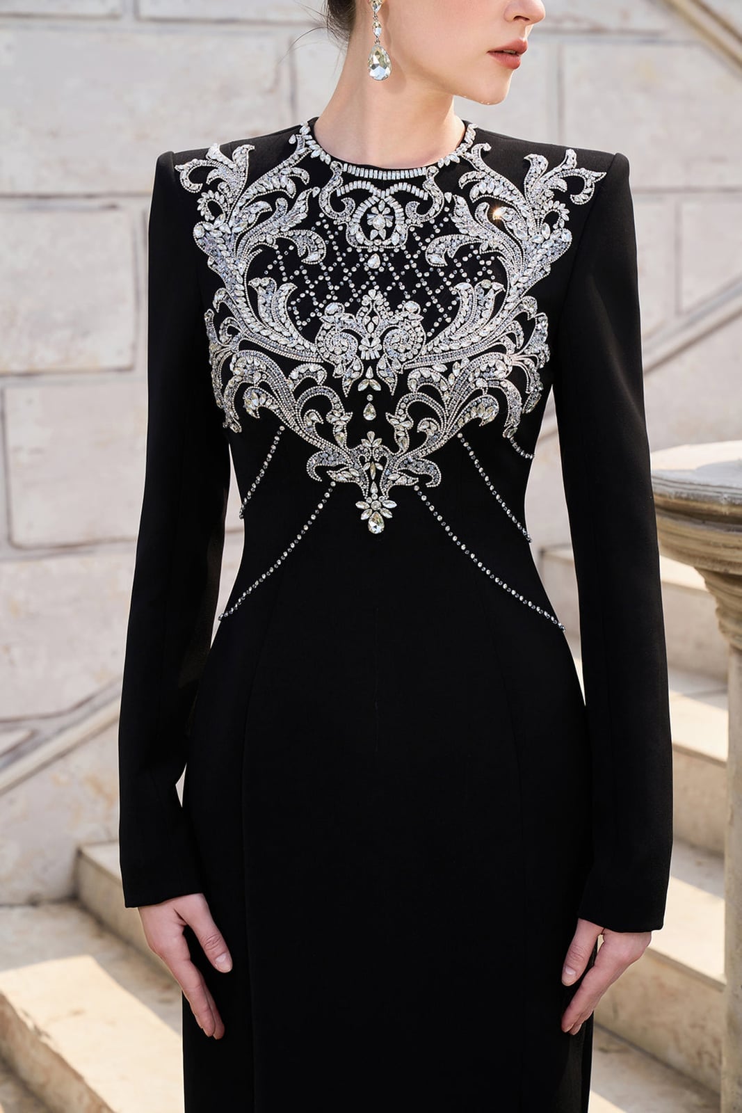 Black Long-Sleeved Dress with Crystal-Embellished, Office-Safe Version — Classy Up Dress