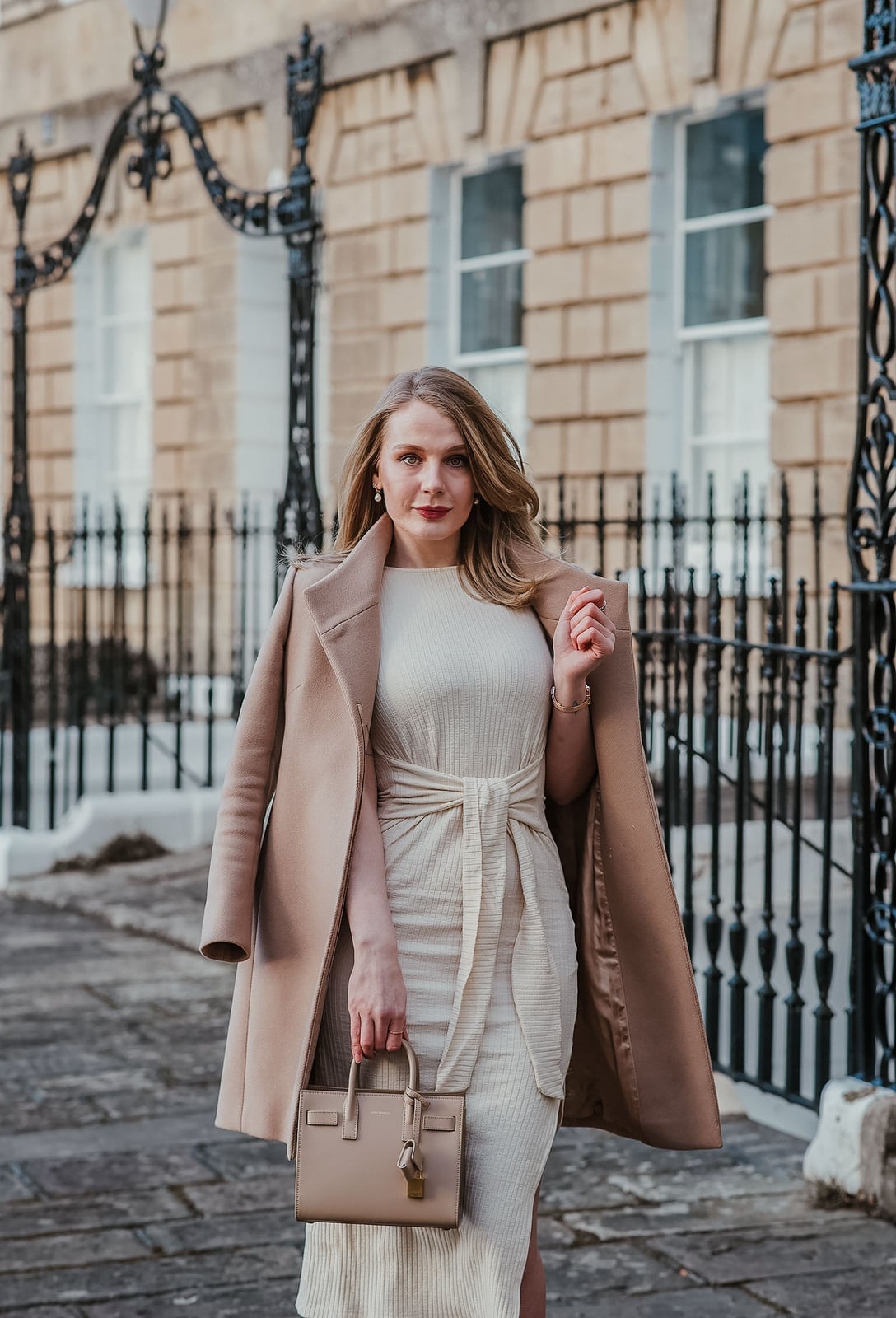 Cream Ribbed Knit Midi Dress with Tie Waist, Office-Safe Version — Classy Up Dress