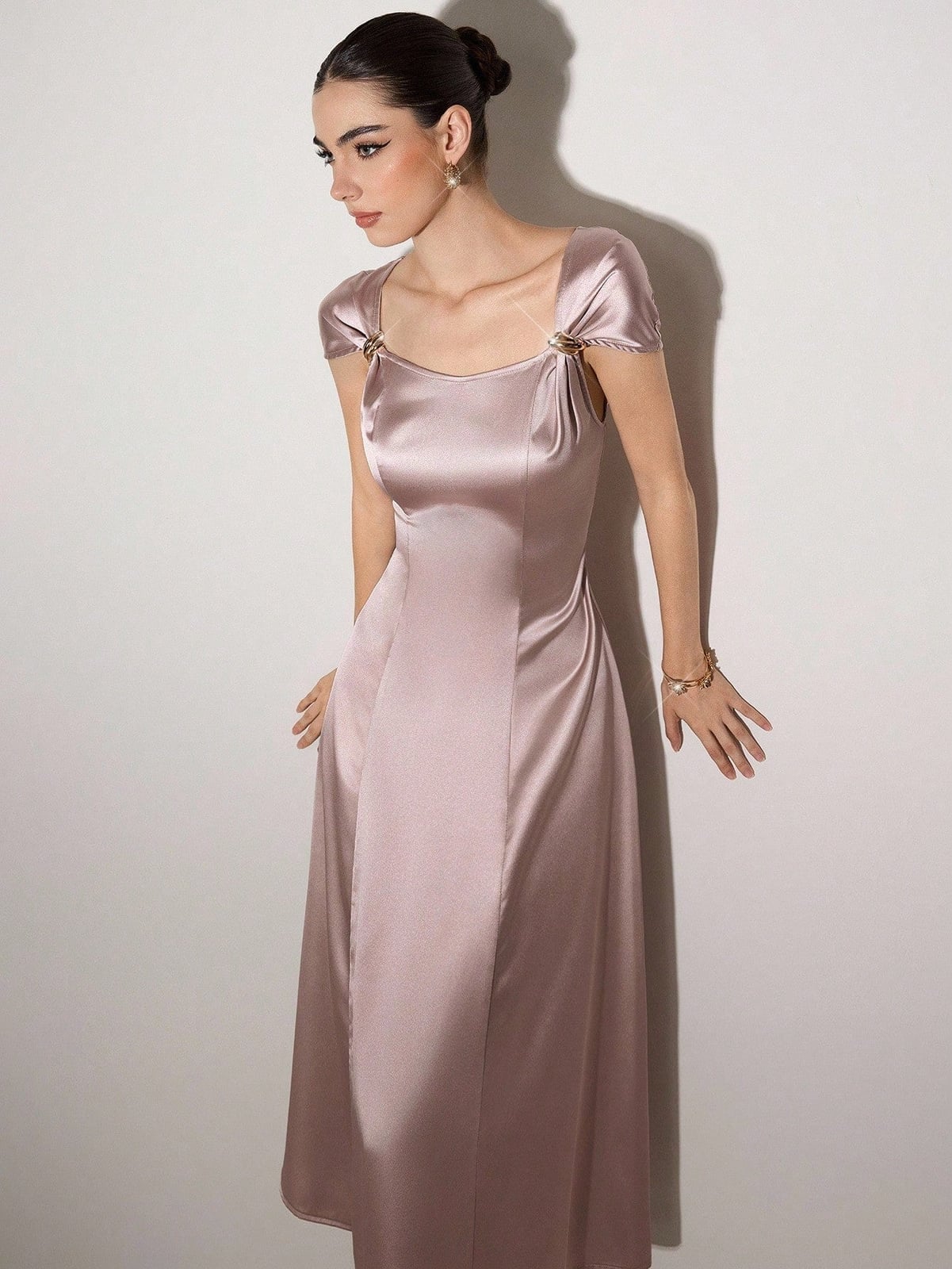 Pale Pink Satin Bias Cut Maxi Dress — Classy Up Dress