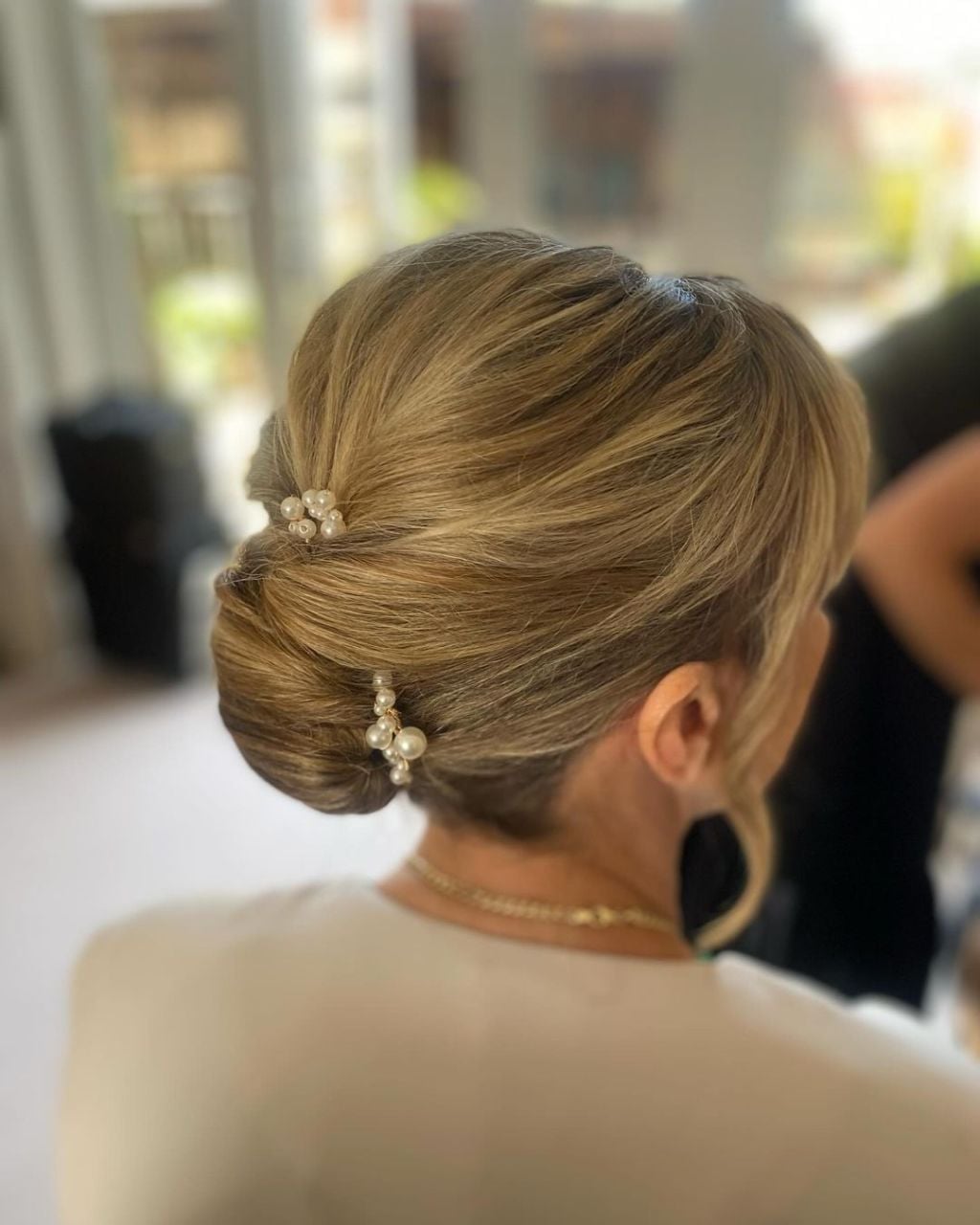 Blonde Low Chignon with Pearl Pins — Classy Updo Hair