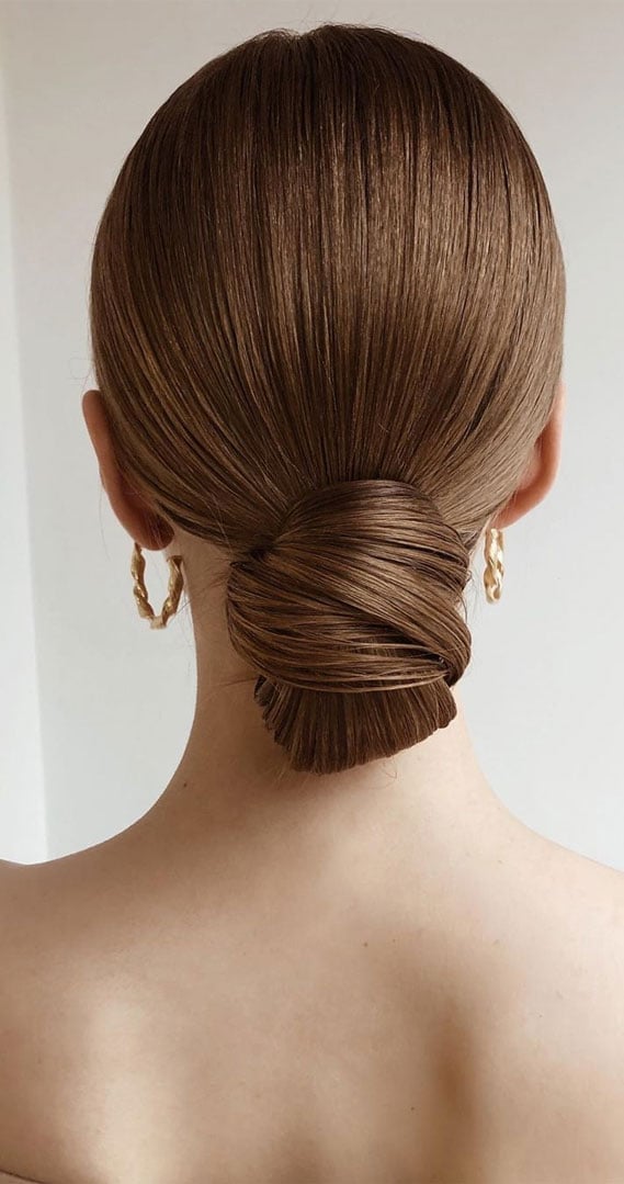 Glossy Medium Brown Sleek Low Bun — Classy Updo Hair