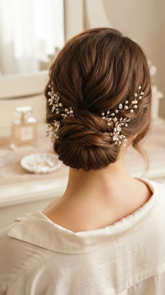 Dark Brown Twisted Low Bun with Pearls — Classy Updo Hair