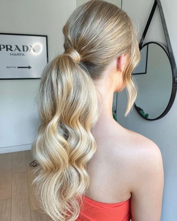 Voluminous Low Ponytail With Ash Blonde Highlights — Classy Updo Ponytail