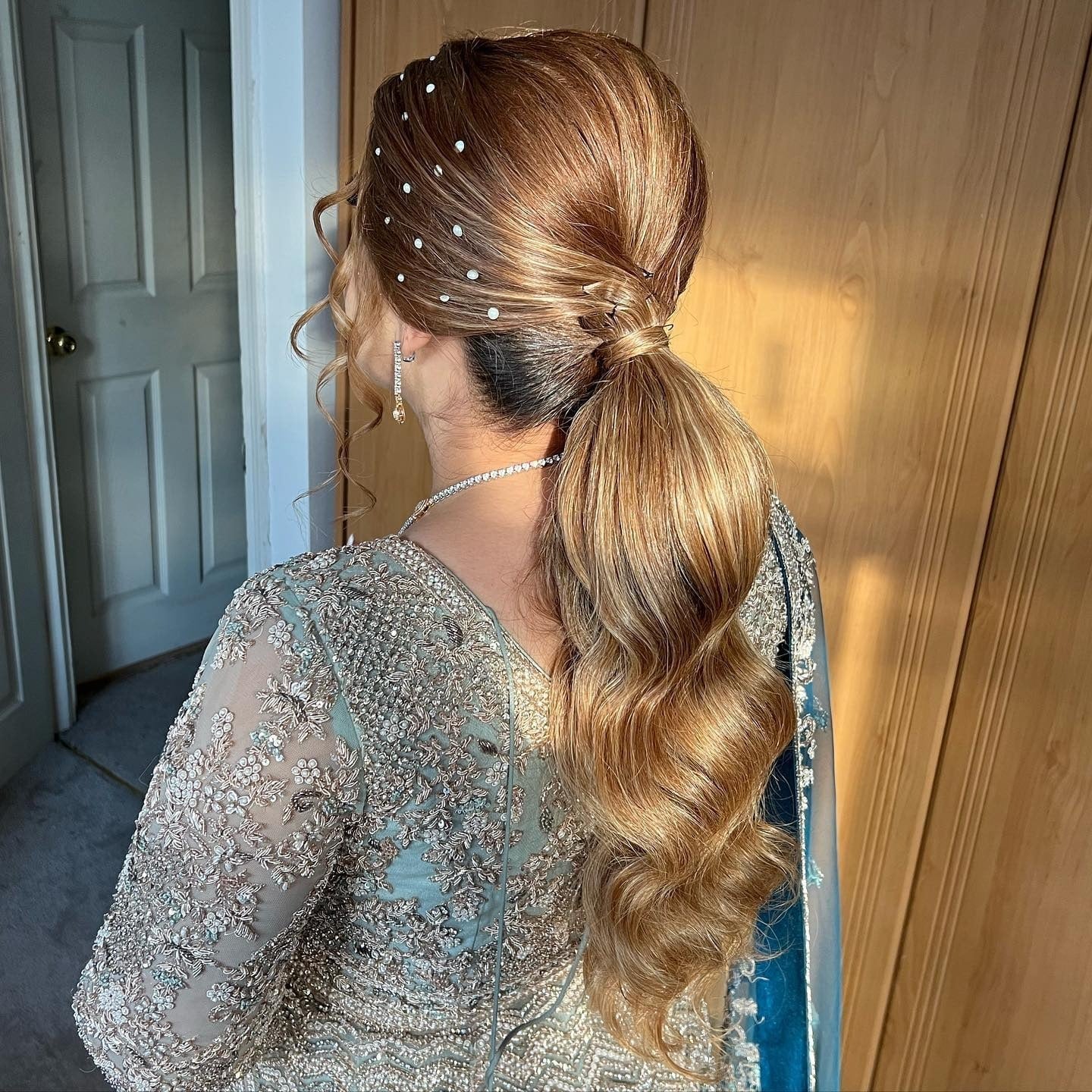 Warm Brown Ponytail With Hair Ornaments — Classy Updo Ponytail