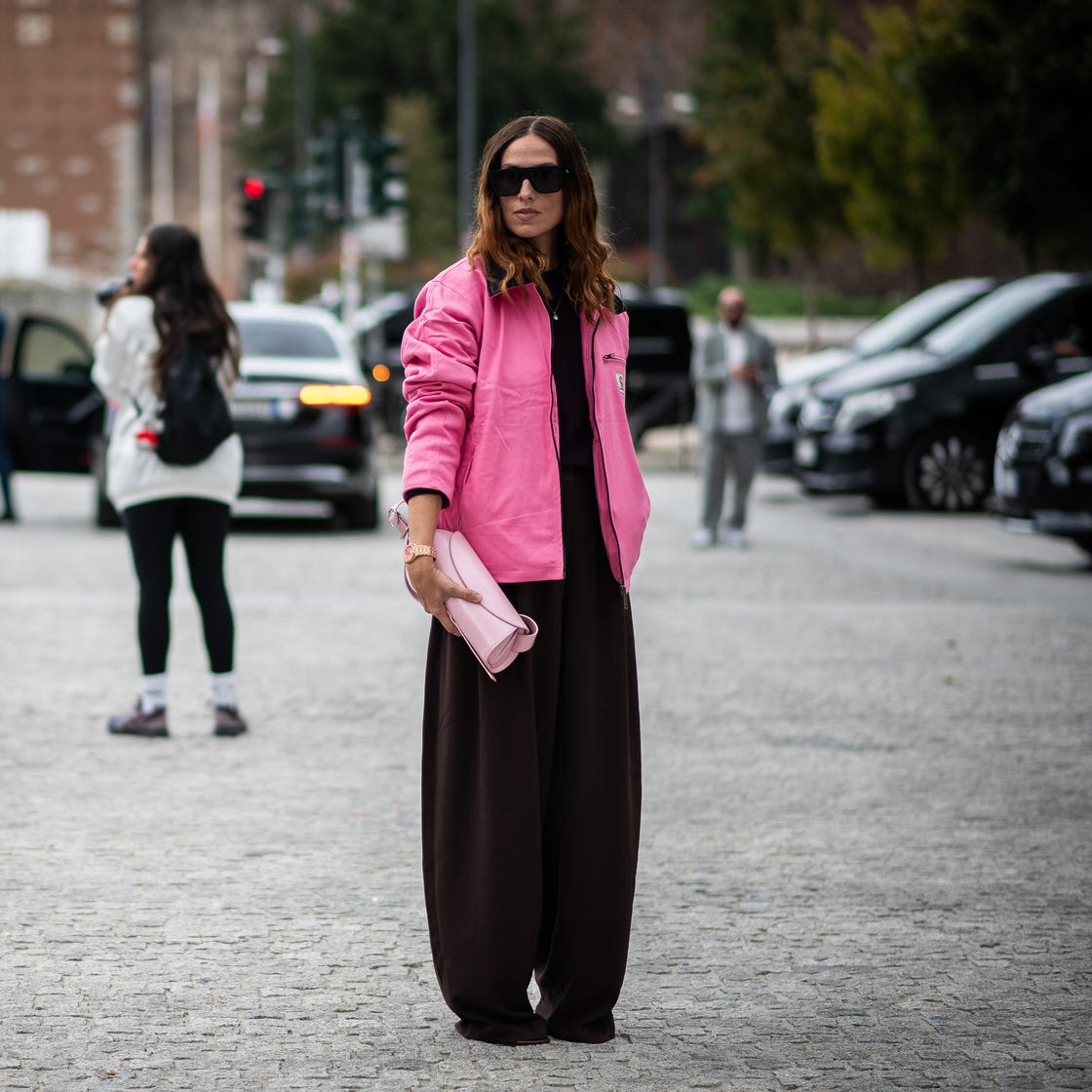 Vibrant Pink Bomber Jacket with Wide-Leg Brown Pants Vibrant Pink Bomber Jacket with Wide-Leg Brown Pants — Classy Varsity Jacket Outfits