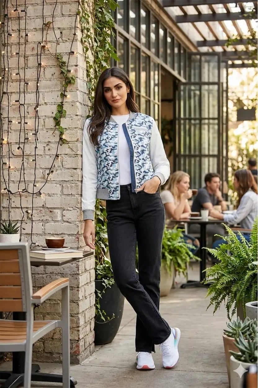 Camouflage Print Bomber Jacket with Black Jeans and White Sneakers Camouflage Print Bomber Jacket with Black Jeans and White Sneakers — Classy Varsity Jacket Outfits