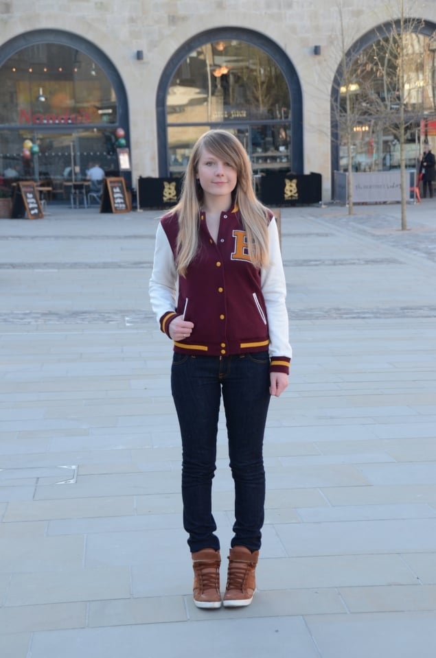Classic Burgundy and White Varsity Jacket with High-Top Sneakers Classic Burgundy and White Varsity Jacket with High-Top Sneakers — Classy Varsity Jacket Outfits