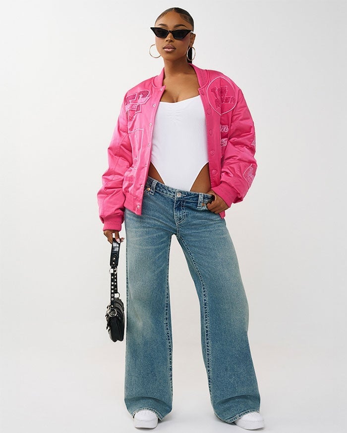 Vibrant Pink Satin Bomber Jacket with Wide-Leg Jeans, Sunglasses Vibrant Pink Satin Bomber Jacket with Wide-Leg Jeans, Sunglasses — Classy Varsity Jacket Outfits