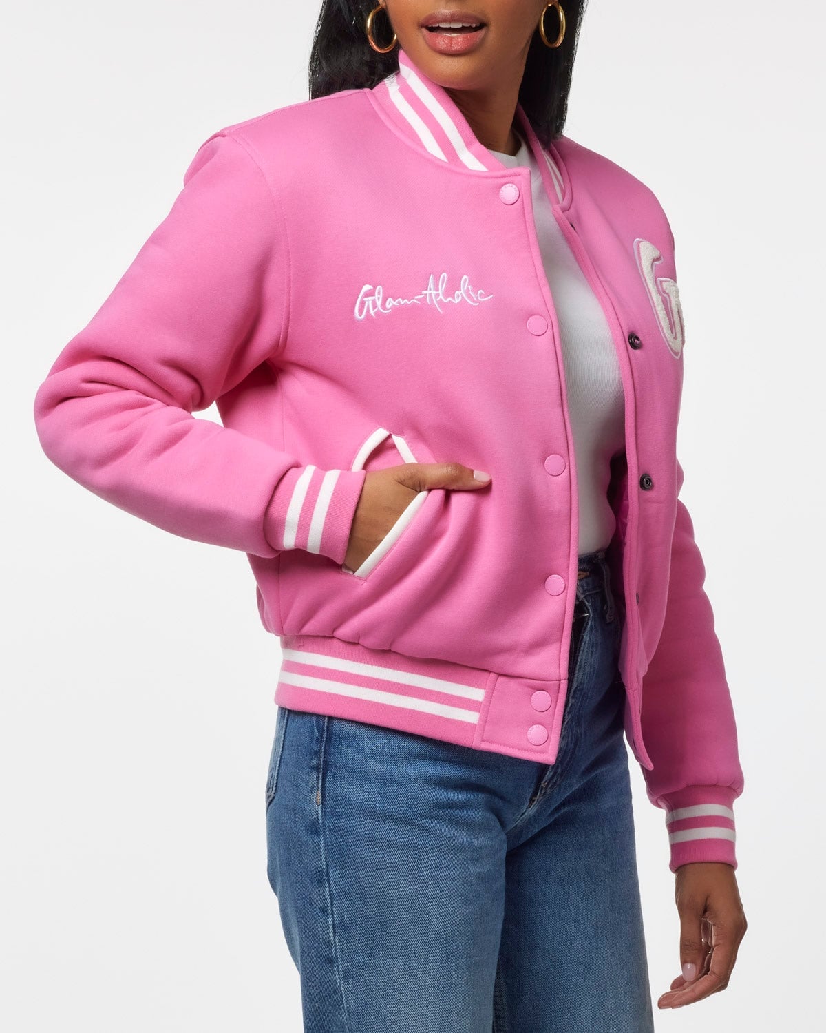 Cropped Pink Varsity Jacket with Embroidered Script and Blue Jeans Cropped Pink Varsity Jacket with Embroidered Script and Blue Jeans — Classy Varsity Jacket Outfits