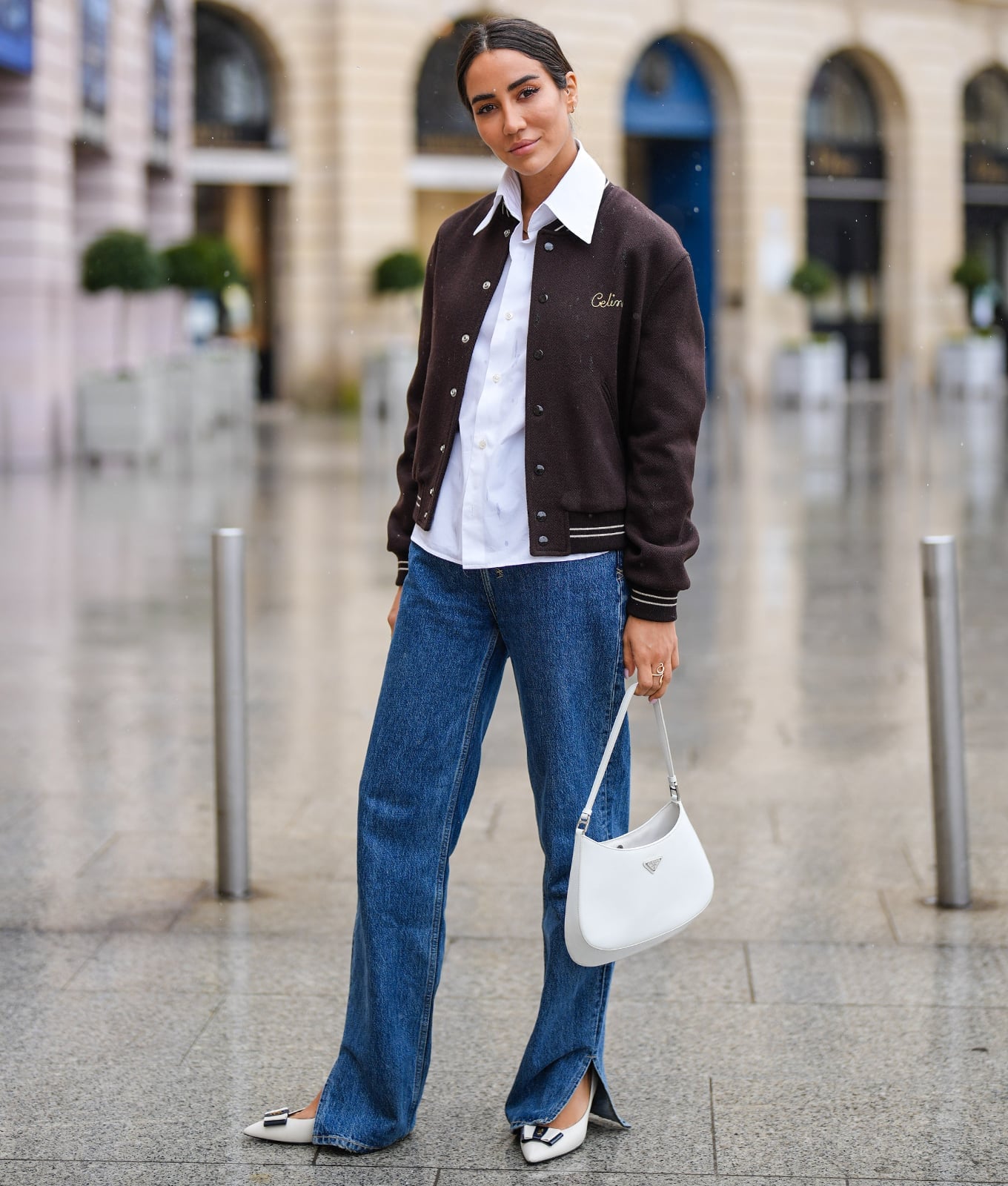 Relaxed Brown Varsity Jacket with Crisp White Shirt and Blue Jeans Relaxed Brown Varsity Jacket with Crisp White Shirt and Blue Jeans — Classy Varsity Jacket Outfits