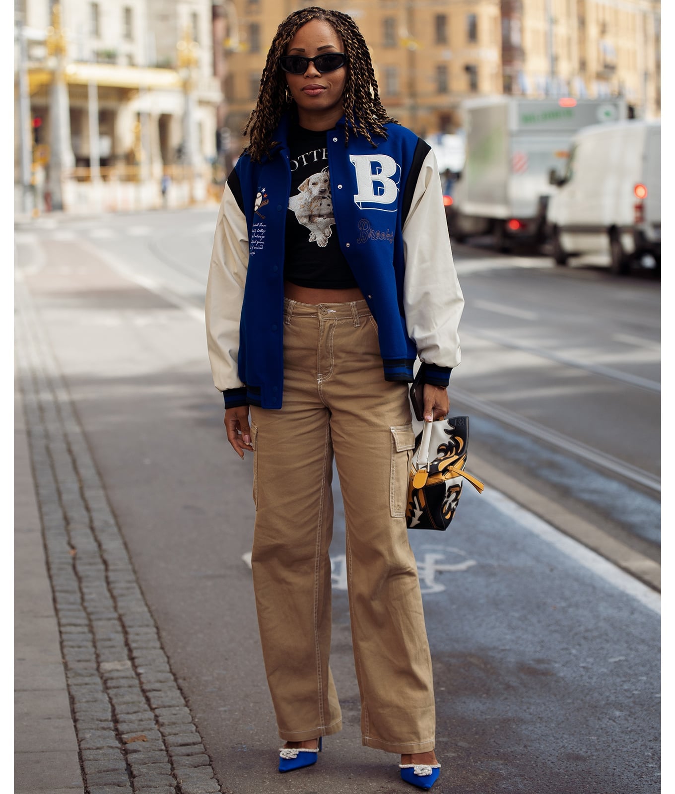 Blue and White Varsity Jacket with Graphic Tee and Cargo Pants Blue and White Varsity Jacket with Graphic Tee and Cargo Pants — Classy Varsity Jacket Outfits