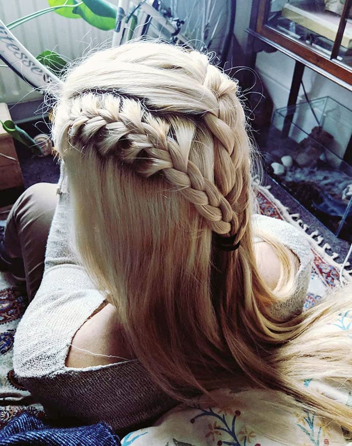Platinum Blonde Braided Crown Waterfall Braid Platinum Blonde Braided Crown Waterfall Braid — Classy Viking Braids