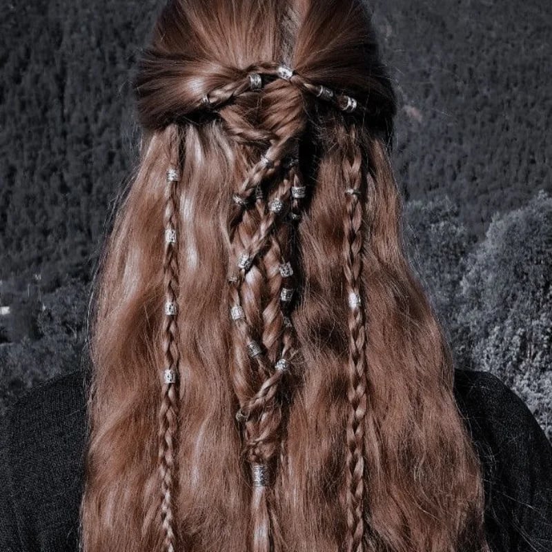 Medium Brown Half-Up With Braids And Beads Medium Brown Half-Up With Braids And Beads — Classy Viking Braids