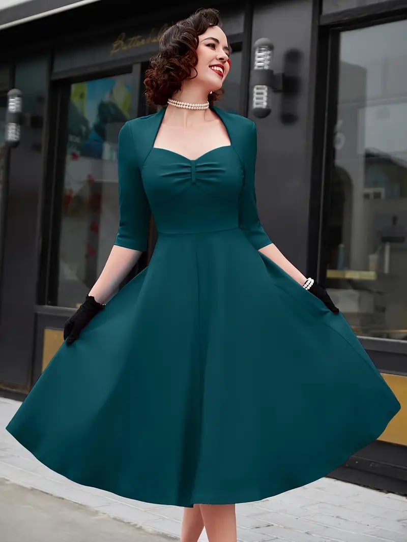 Teal Midi Dress With Bolero — Classy Vintage Outfits