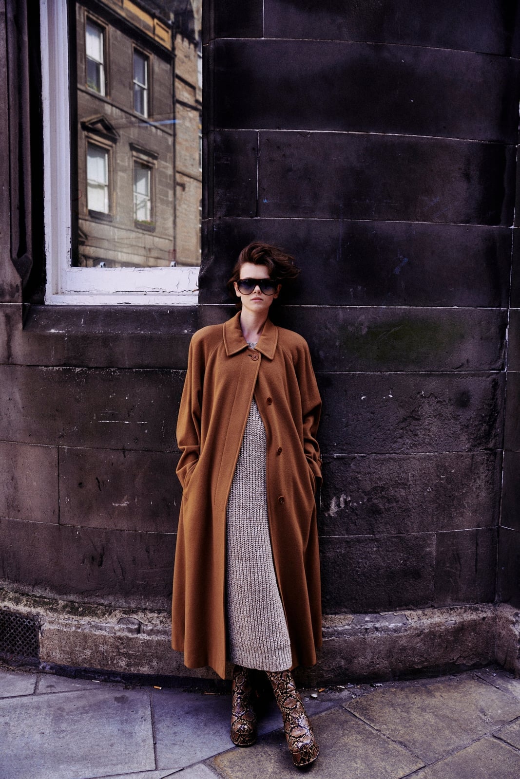 Long Wool Coat Over Knit Dress With Snakeskin Print Boots — Classy Vintage Outfits