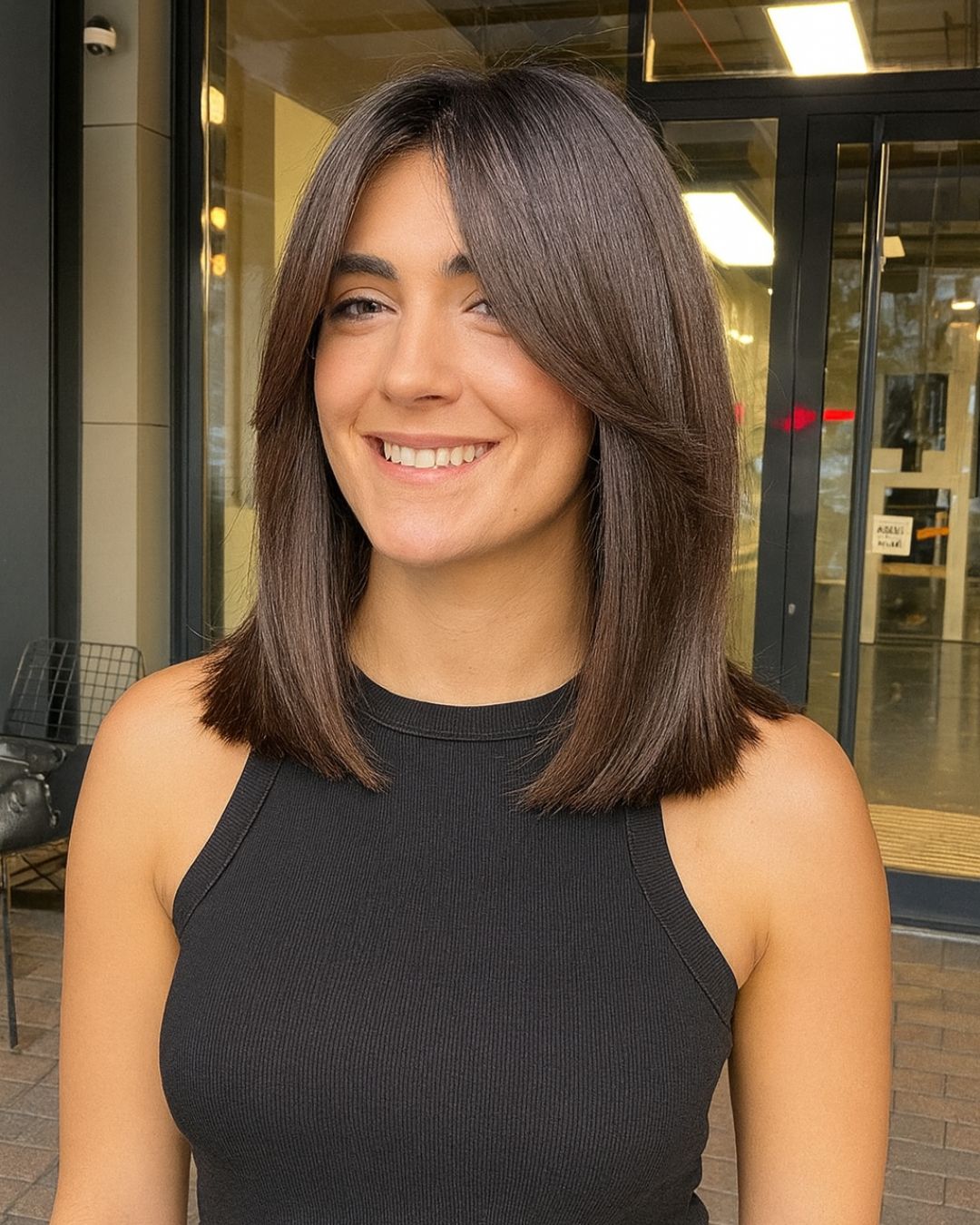Collarbone Dark Brown Lob With Curtain Bangs Collarbone Dark Brown Lob With Curtain Bangs — Classy Volumizing Hair